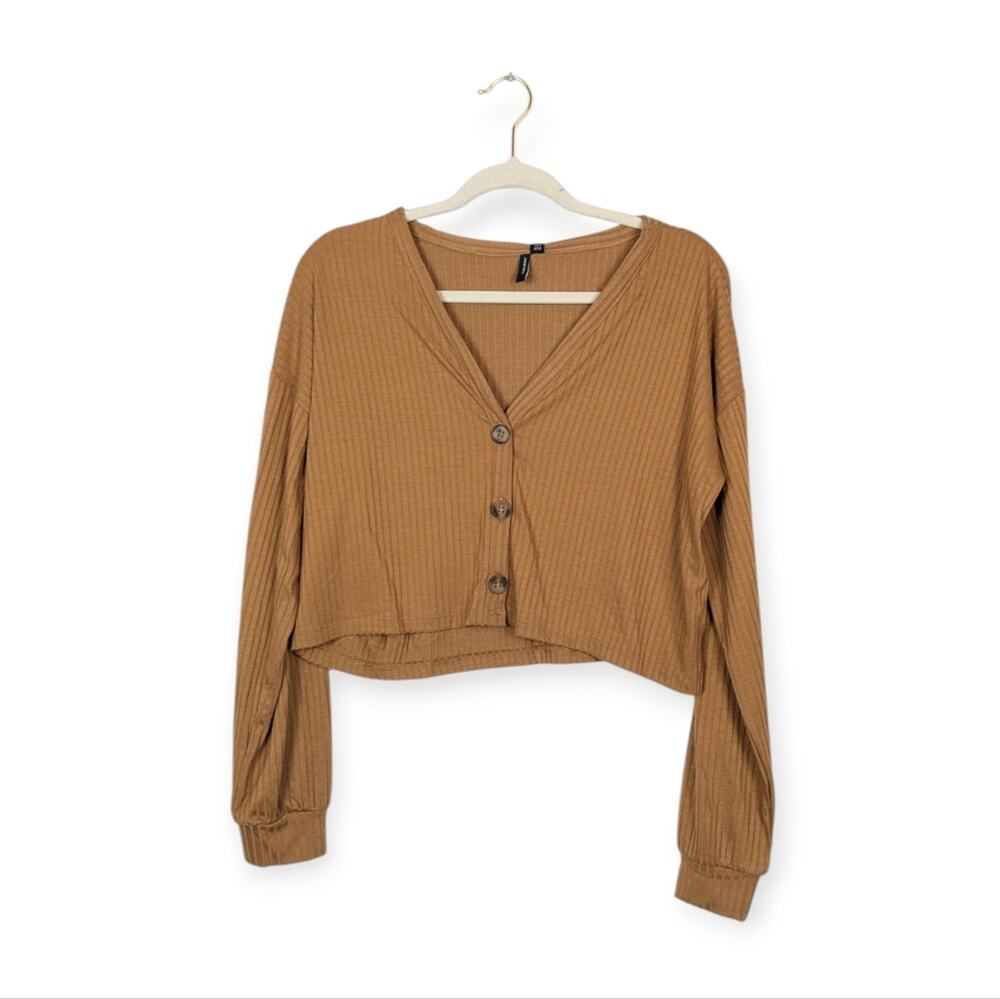 Vero Moda Lucy Cardigan L Tobacco Brown Ribbed Cropped Knit NWT